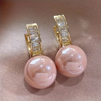 Elegant Pink Faux Pearl Hoop Earrings - Nickel-Free Copper with Cubic Zirconia Accents, Perfect for Daily Wear & Parties, Pearl Earrings