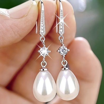 Elegant Ladies Faux Pearl Earrings Silver Plated Zirconia Dangle Earrings Women Bridal Romantic Engagement Jewelry Anniversary Gift