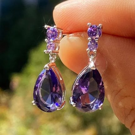 Elegant Amethyst Teardrop Earrings for Women, Alloy Drop Dangle Earrings with Rhinestone Accents, Perfect for Engagement, Wedding, Party, Banquet - Ideal Christmas & Valentine's Day Gift, Cute Earrings