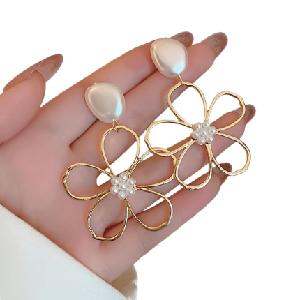 Hollow Flower Dangle Earrings - 1 Pair Chic Artificial Pearls for Daily Style and Parties