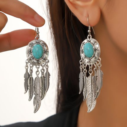 Bohemian Ethnic Style Turquoise Accessories, Antique Silvery Tassel Feather Earrings, Gifts for Friends, Christmas Gifts, Daily Wear