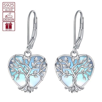1 Pair Vintage Elegant Heart-Shaped Drop & Dangle Earrings, 925 Sterling Silver, Silver Plated, with Tree of Life Design and Moonstone Inlay, for Women and Girls, Ideal for Daily Wear and Gifting